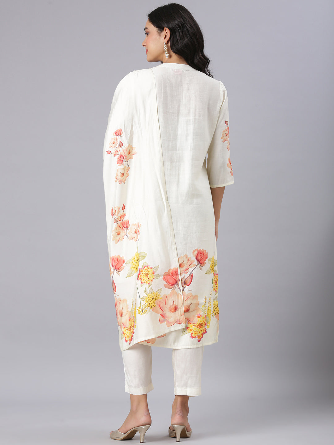Neerus Cream Printed Straight Kurta And Trousers With Dupatta
