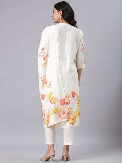 Neerus Cream Printed Straight Kurta And Trousers With Dupatta