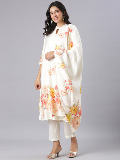 Neerus Cream Printed Straight Kurta And Trousers With Dupatta