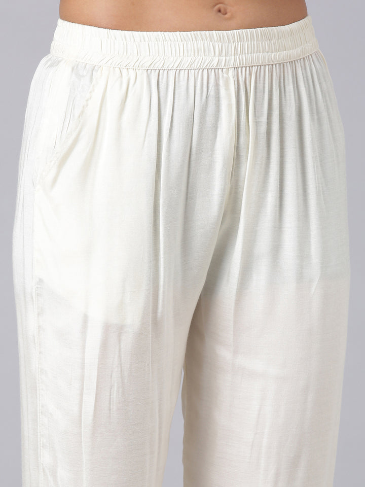 Neerus Cream Printed Straight Kurta And Trousers With Dupatta