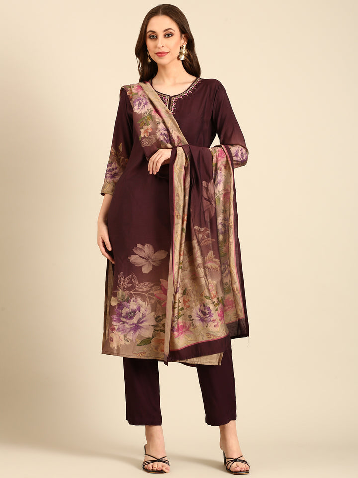 Wine Muslin Fabric three piece palazzo suit