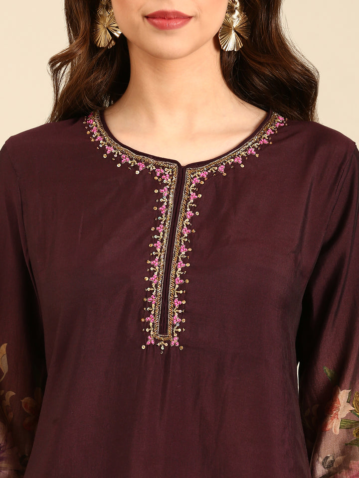 Wine Muslin Fabric three piece palazzo suit