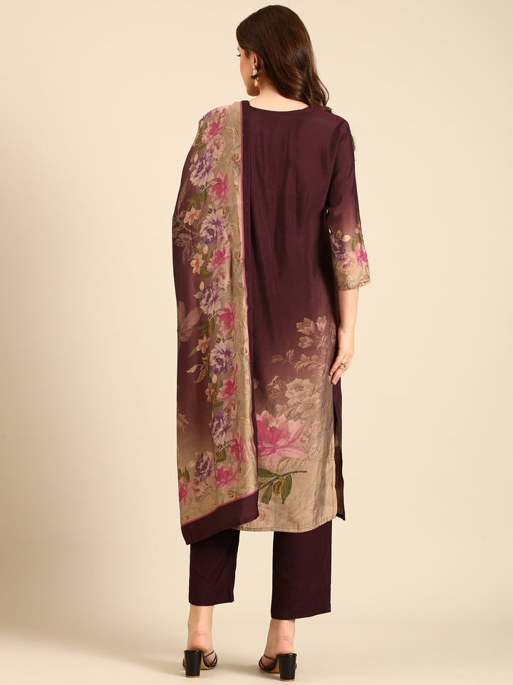 Wine Muslin Fabric three piece palazzo suit
