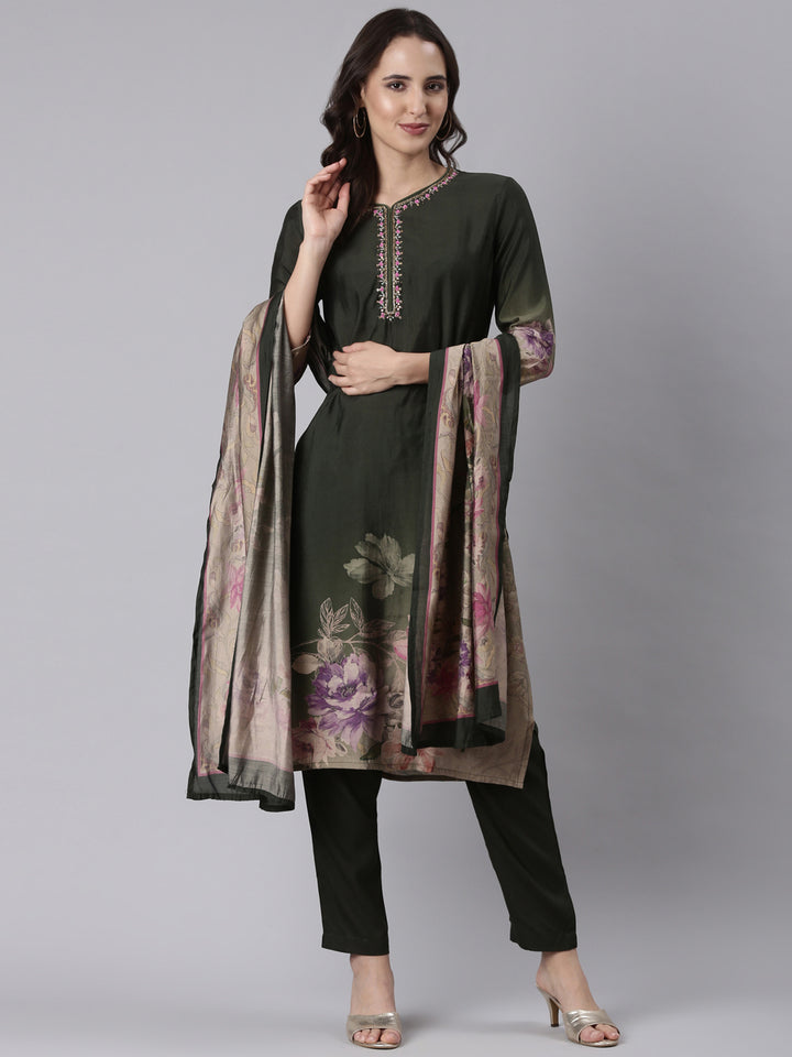 Olive Dola Silk Printed Three Piece Set