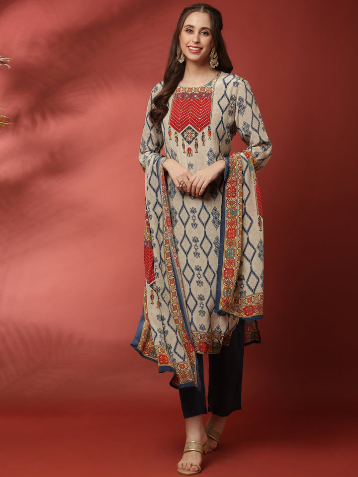 Grey Ikat fabric three piece suit