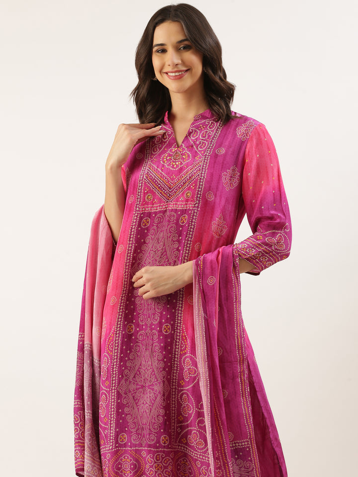 Magenta Muslin Bandhani Printed Three Piece Suit Set
