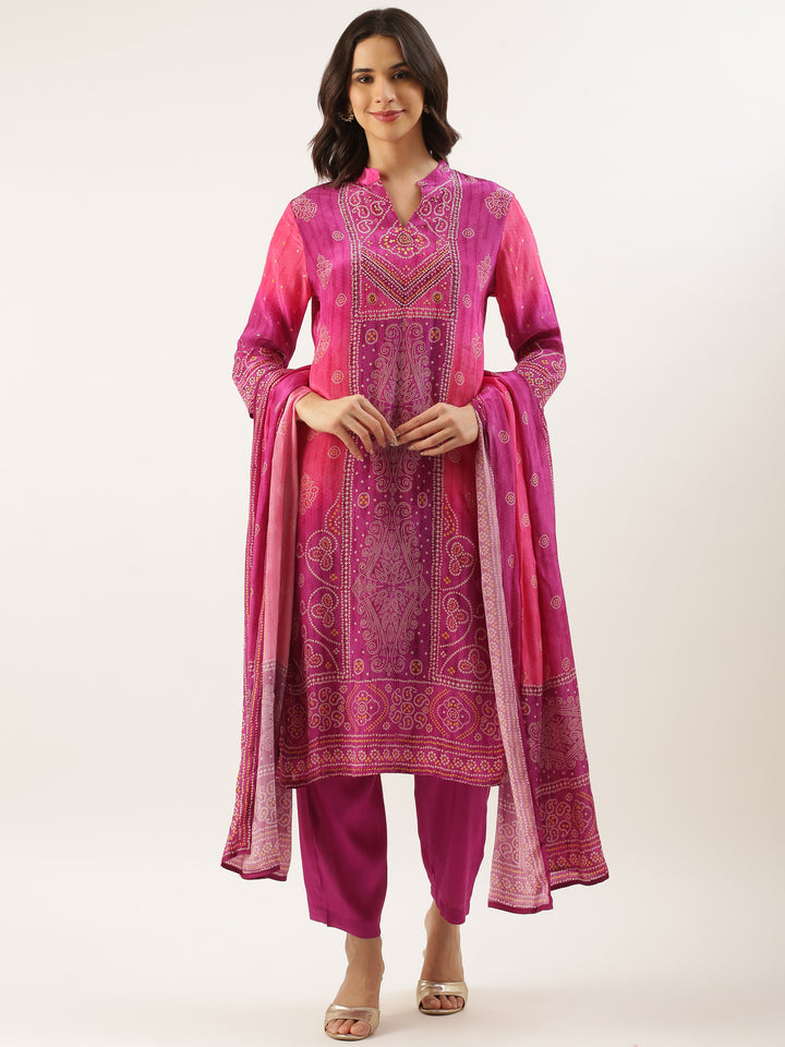 Magenta Muslin Bandhani Printed Three Piece Suit Set
