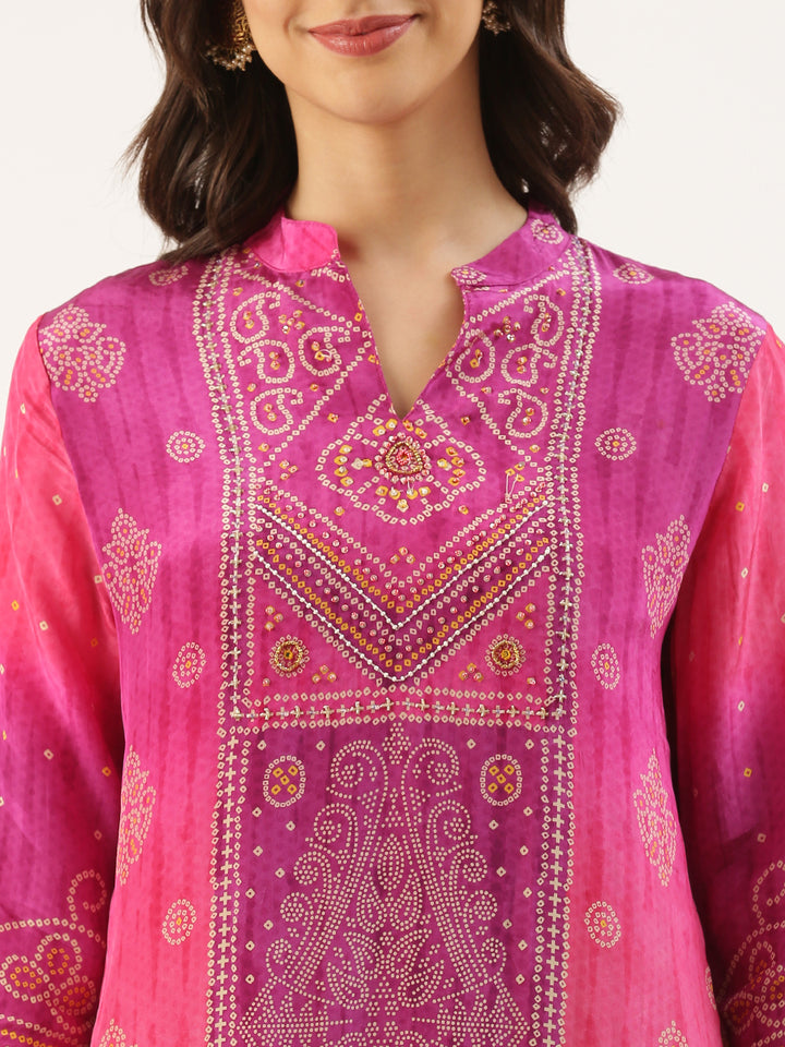 Magenta Muslin Bandhani Printed Three Piece Suit Set