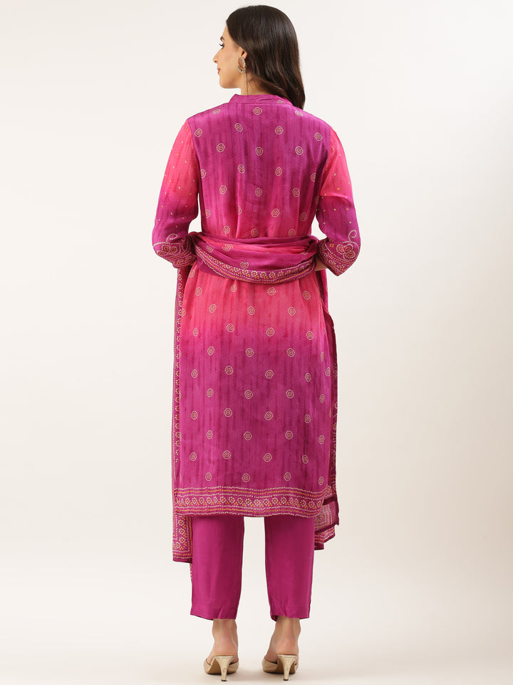 Magenta Muslin Bandhani Printed Three Piece Suit Set