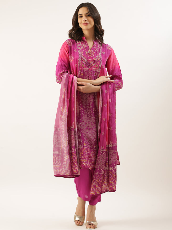Magenta Muslin Bandhani Printed Three Piece Suit Set
