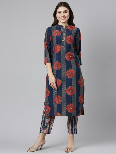 Neerus Navy Blue Regular Straight Printed Kurta And Trousers