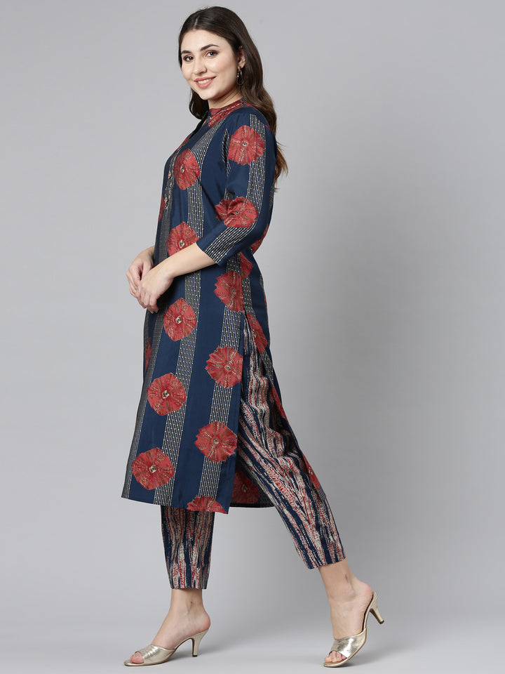 Neerus Blue printed straight kurta set with trouser - back view