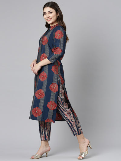 Neerus Navy Blue Regular Straight Printed Kurta And Trousers
