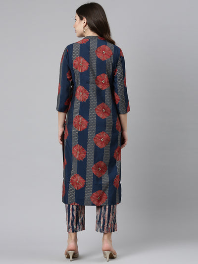 Neerus Navy Blue Regular Straight Printed Kurta And Trousers