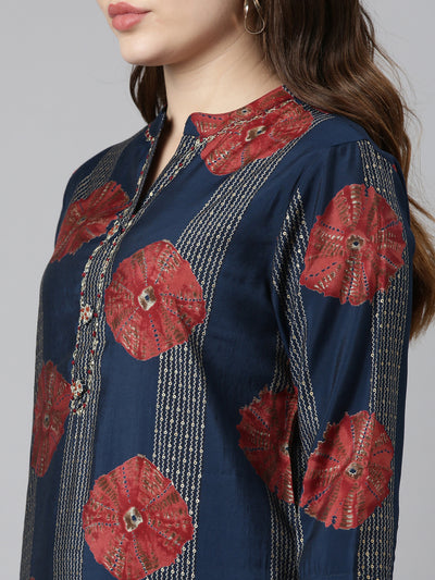 Neerus Navy Blue Regular Straight Printed Kurta And Trousers