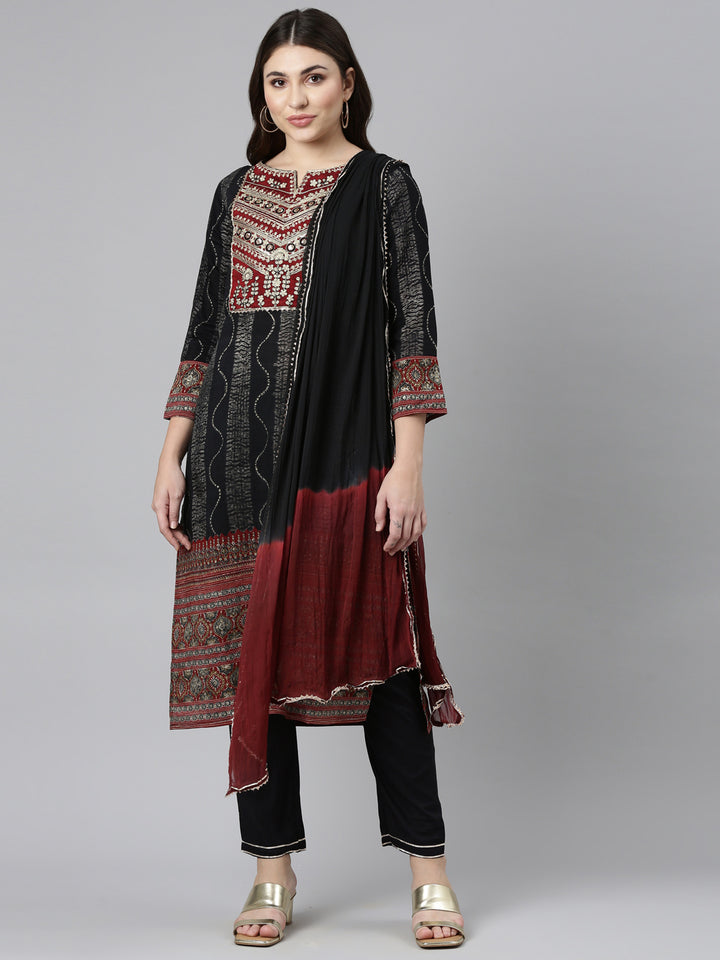 Neerus Black printed straight kurta set with trouser and dupatta - front view