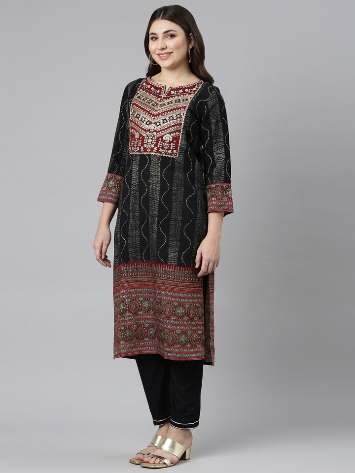 Neerus Black printed straight kurta set with trouser and dupatta - back view