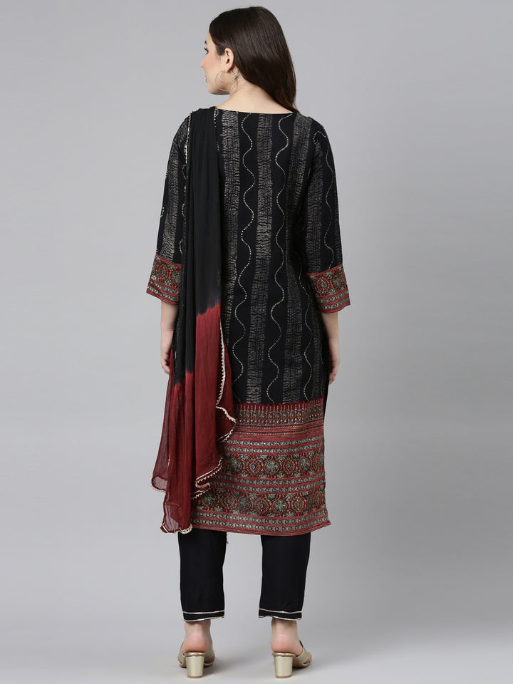 Neerus Black printed straight kurta set with trouser and dupatta - side view