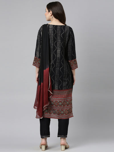 Neerus Black Regular Straight Printed Kurta And Trousers With Dupatta