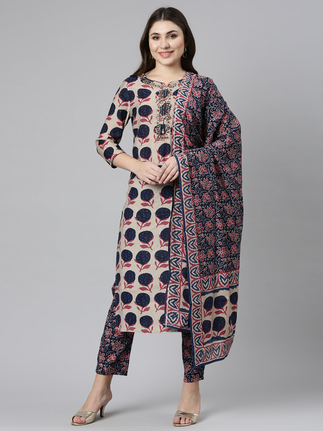 Neerus Beige printed straight suit set - front view