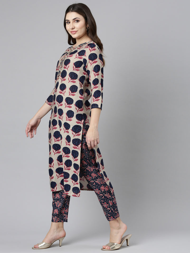 Neerus Beige printed straight suit set - back view
