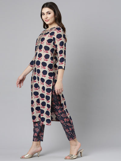 Neerus Cream Regular Straight Printed Kurta And Trousers With Dupatta