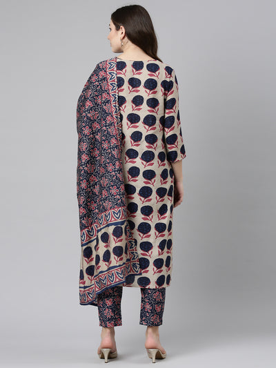 Neerus Cream Regular Straight Printed Kurta And Trousers With Dupatta