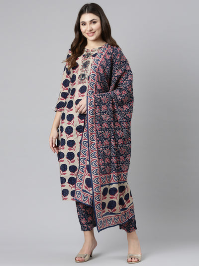 Neerus Cream Regular Straight Printed Kurta And Trousers With Dupatta