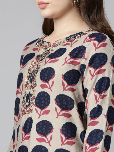 Neerus Cream Regular Straight Printed Kurta And Trousers With Dupatta
