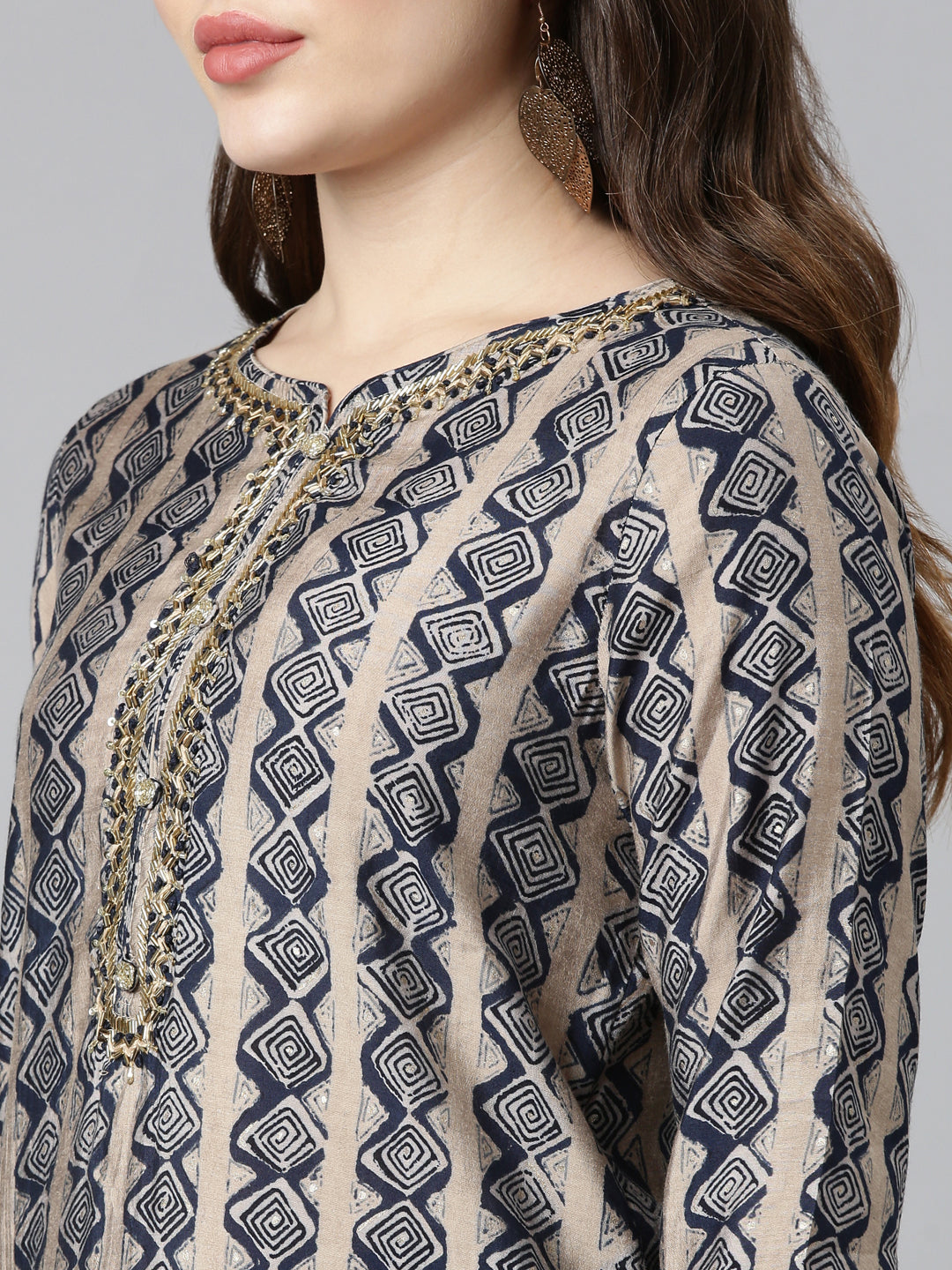 Neerus Navy Blue Regular Straight Printed Kurta And Trousers With Dupatta