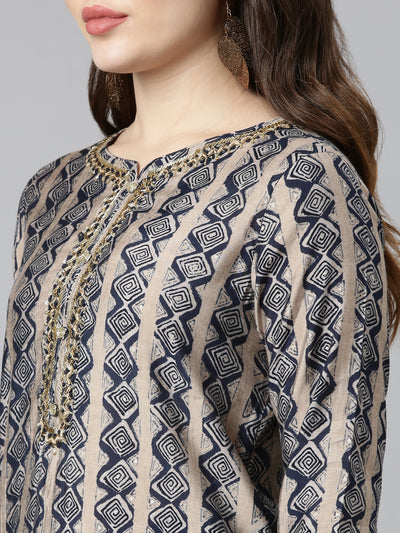 Neerus Navy Blue Regular Straight Printed Kurta And Trousers With Dupatta