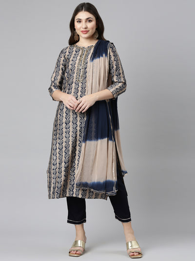 Neerus Navy Blue Regular Straight Printed Kurta And Trousers With Dupatta