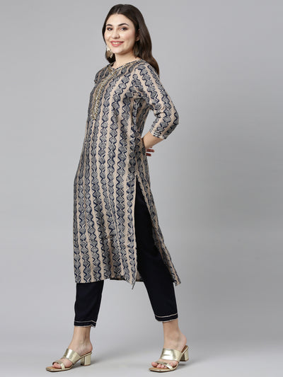 Neerus Navy Blue Regular Straight Printed Kurta And Trousers With Dupatta