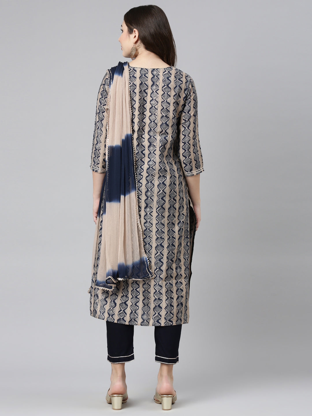Neerus Navy Blue Regular Straight Printed Kurta And Trousers With Dupatta