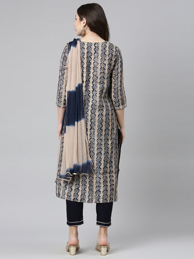Neerus Navy Blue Regular Straight Printed Kurta And Trousers With Dupatta