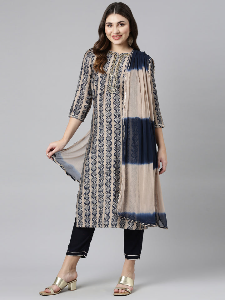 Neerus Blue printed straight kurta set with trouser and dupatta - detail view 2