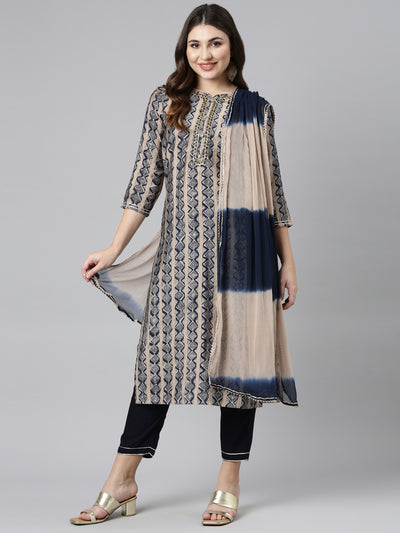 Neerus Navy Blue Regular Straight Printed Kurta And Trousers With Dupatta