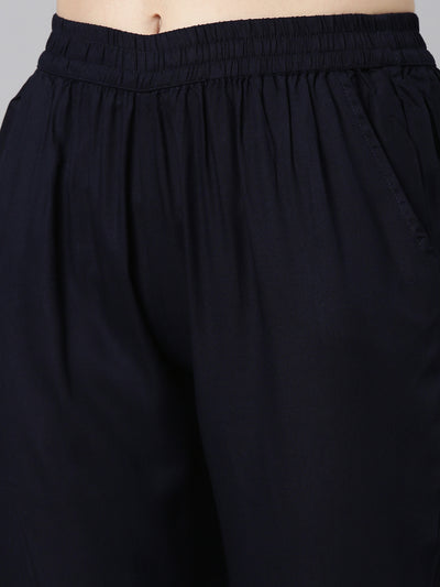 Neerus Navy Blue Regular Straight Printed Kurta And Trousers With Dupatta