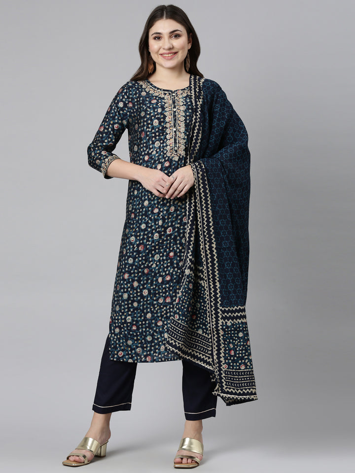Neerus Blue printed straight kurta set with dupatta - front view