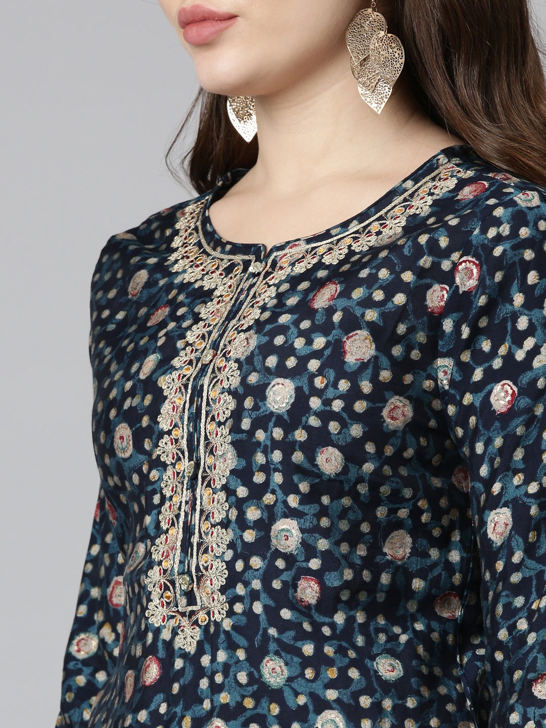 Neerus Blue printed straight kurta set with dupatta - detail view 1