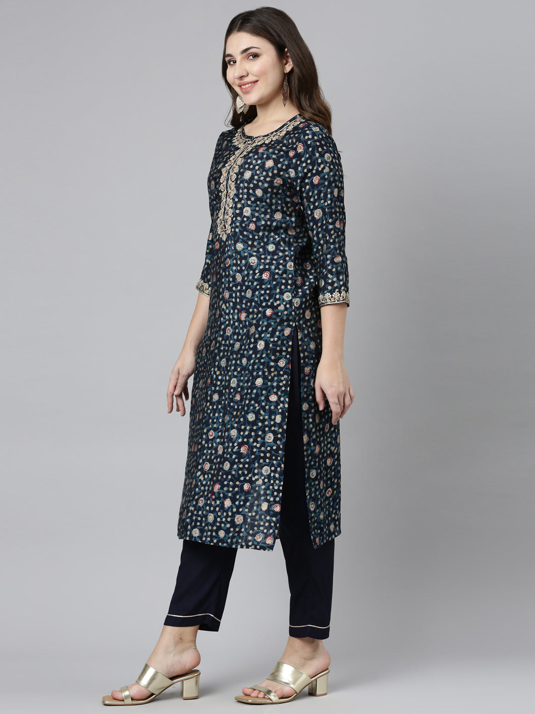 Neerus Blue printed straight kurta set with dupatta - back view