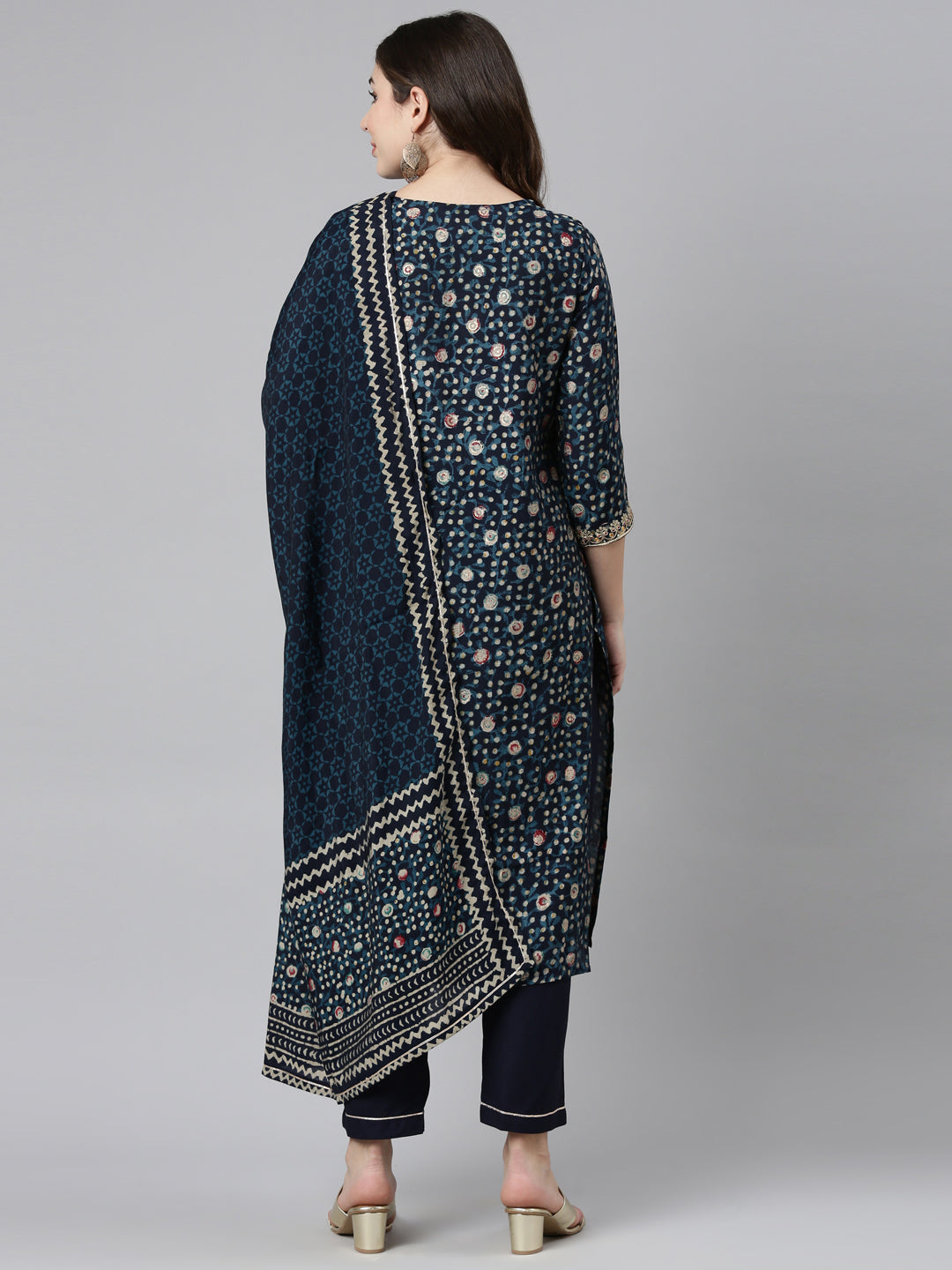 Neerus Blue printed straight kurta set with dupatta - side view