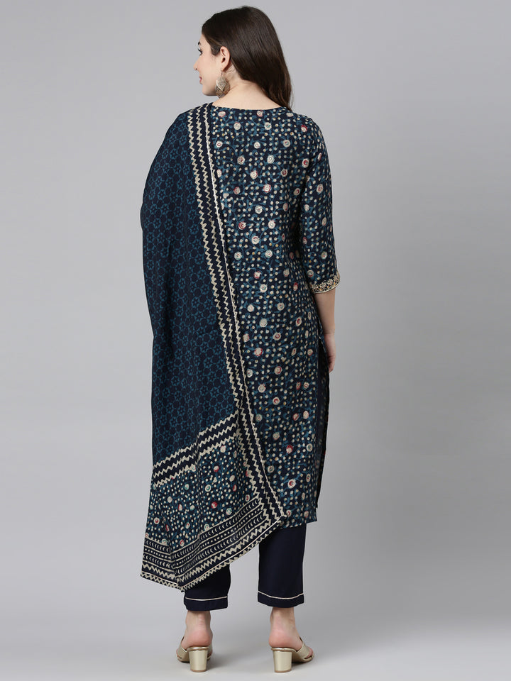 Neerus Blue printed straight kurta set with dupatta - side view