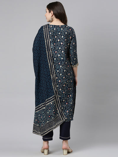 Neeru's Navy Blue Regular Straight Printed Readymade suits