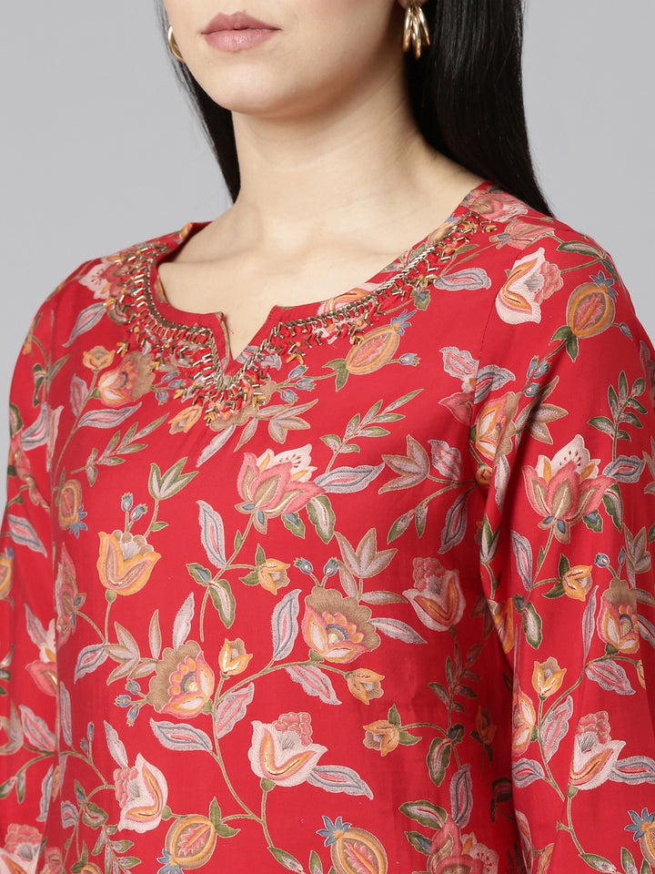 Neerus Red printed straight suit set - detail view 1