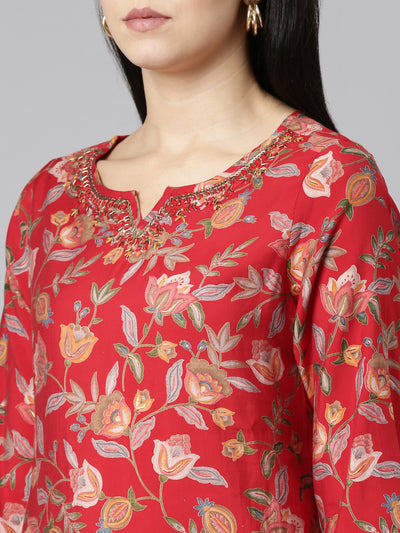 Neerus Red Regular Straight Printed Kurta And Trousers With Dupatta