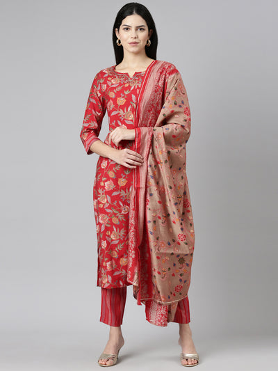 Neerus Red Regular Straight Printed Kurta And Trousers With Dupatta