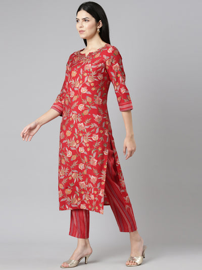 Neerus Red Regular Straight Printed Kurta And Trousers With Dupatta