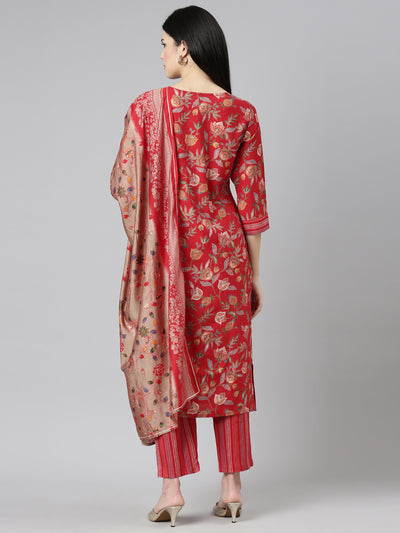 Neerus Red Regular Straight Printed Kurta And Trousers With Dupatta