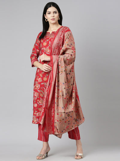 Neerus Red Regular Straight Printed Kurta And Trousers With Dupatta
